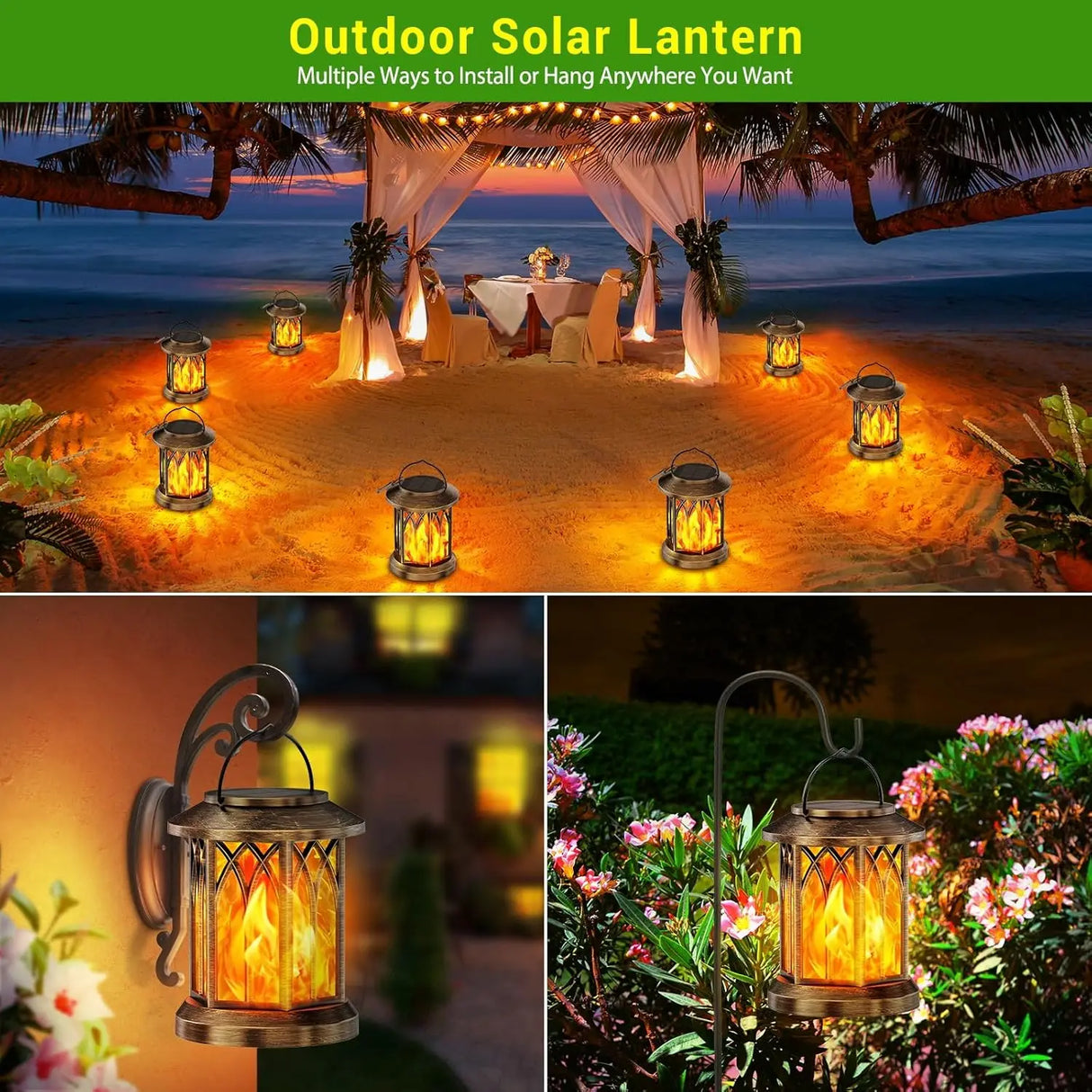 Waterproof Outdoor Solar Flame Lantern - Auto On/Off Vintage Bronze Hanging Decorative Light for Patio, Garden & Table