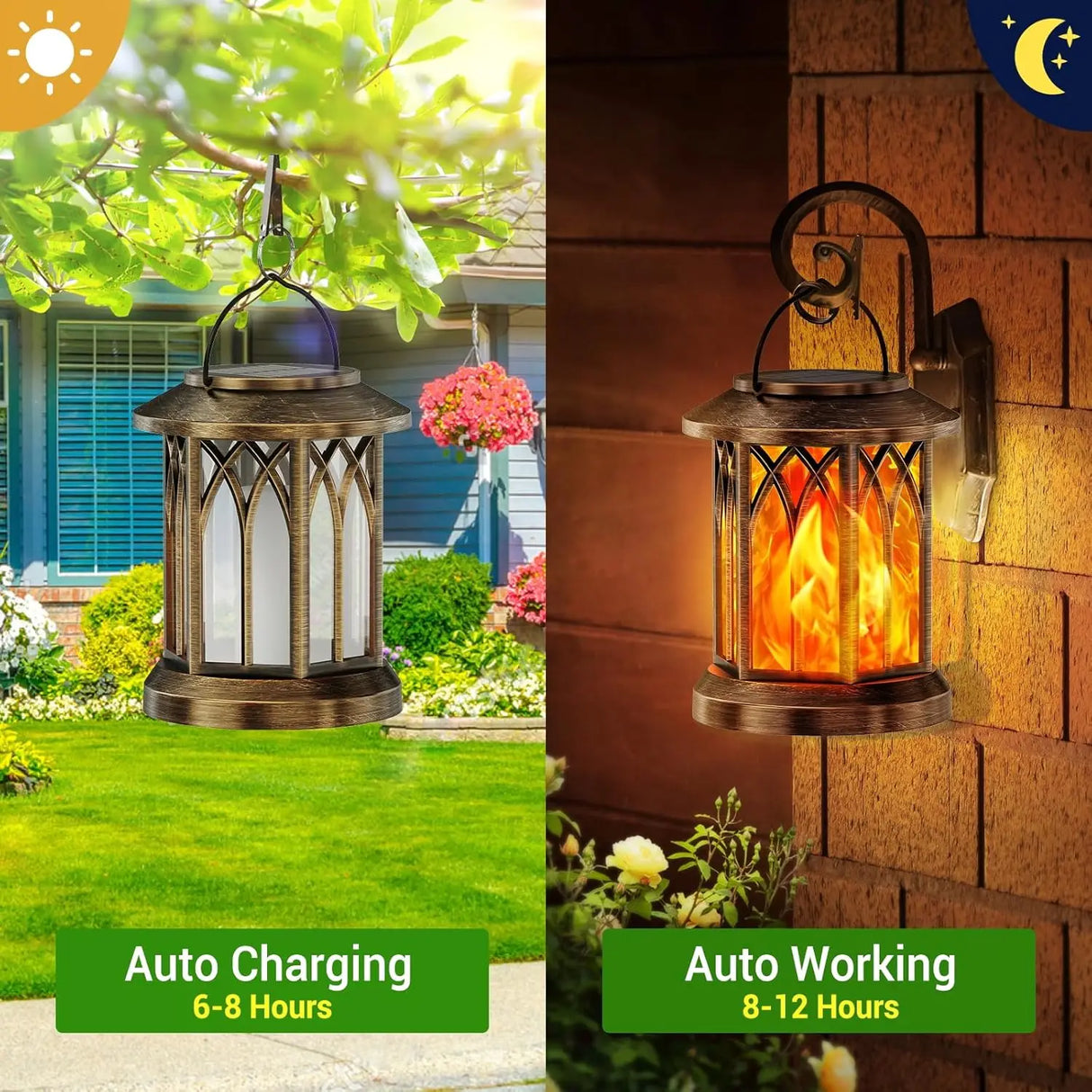 Waterproof Outdoor Solar Flame Lantern - Auto On/Off Vintage Bronze Hanging Decorative Light for Patio, Garden & Table