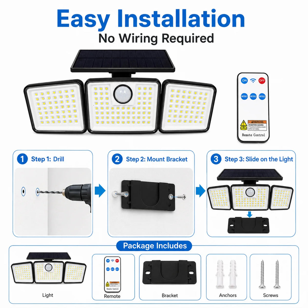368 LED Triple-Head Solar Motion Sensor Outdoor Floodlight - Remote Control Waterproof Wall Lamp for Garage, Patio & Garden
