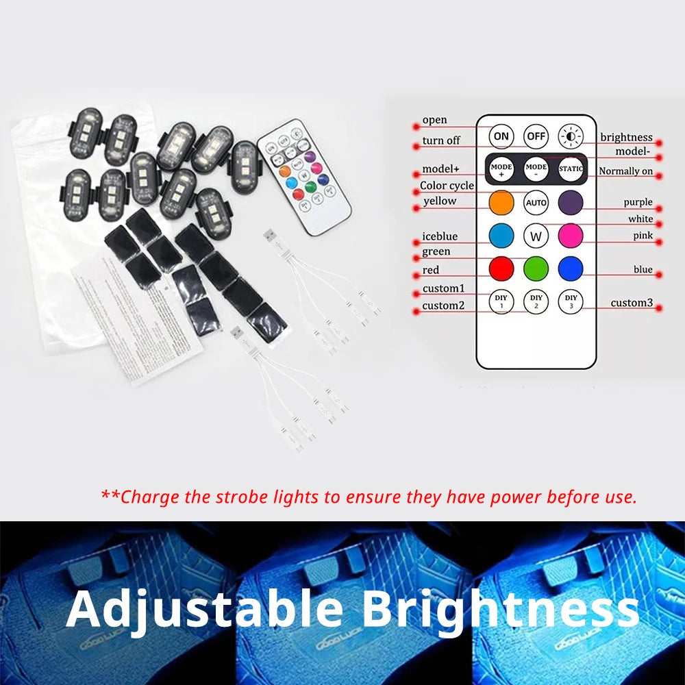 Remote Control RGB LED Strobe Light Wireless Rechargeable Footwell Lights Exterior Interior Decorative for SUV Truck Motorcycle