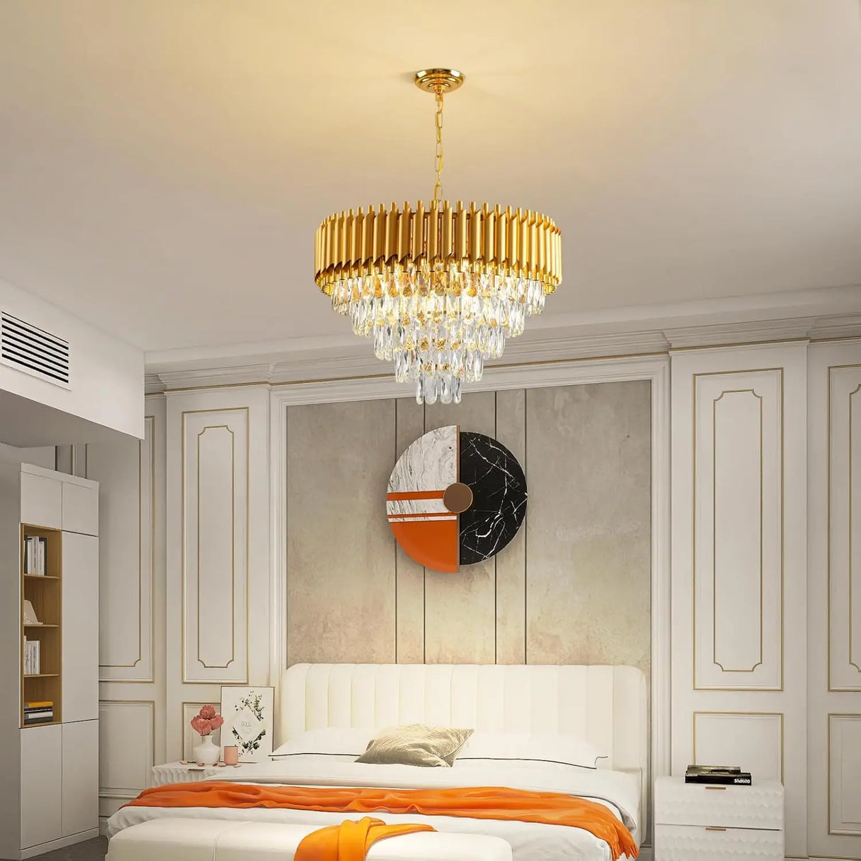 Modern Gold Crystal Chandelier, 5-Tier Raindrop Effect K9 Crystal Chandelier for Living Room/Dining Room/Bedroom