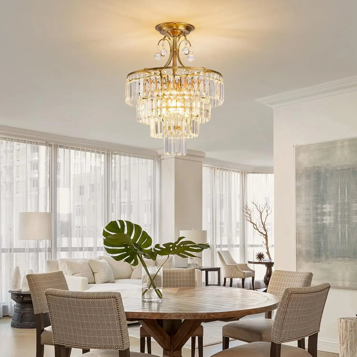 Luxury Gold Crystal Ceiling Light, Round Dimmable Semi-Flush Mount Modern Crystal Ceiling Light for dining room/bedroom/hallway