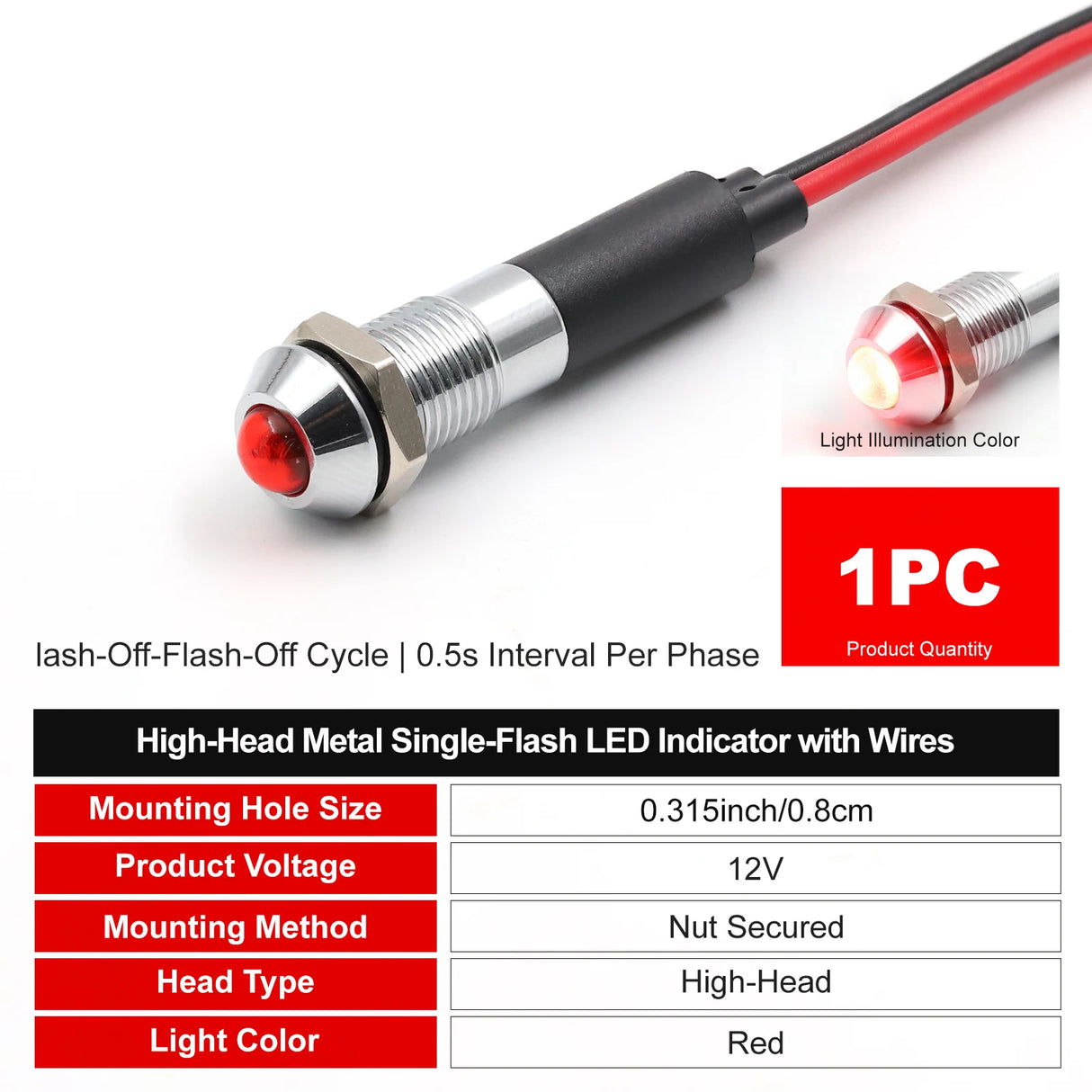8mm Metal LED Flashing Indicator - 12V 24V Red Warning Signal Lamp
