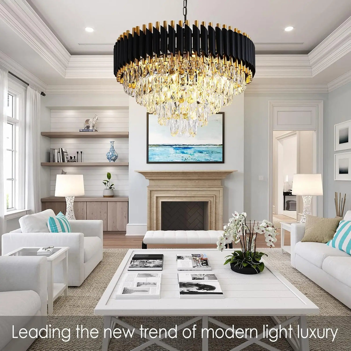 Modern Black & Gold Crystal Chandelier, Dimmable 5-Tier Round K9 Crystal Chandelier for Kitchen Island/Living Room/Bedroom