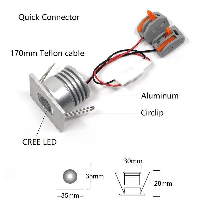 LED 3W Led Ceiling Spotlights Square Mini Spot 12V 24V Interior Home Cabinet Recessed Down Light with Quick Connector