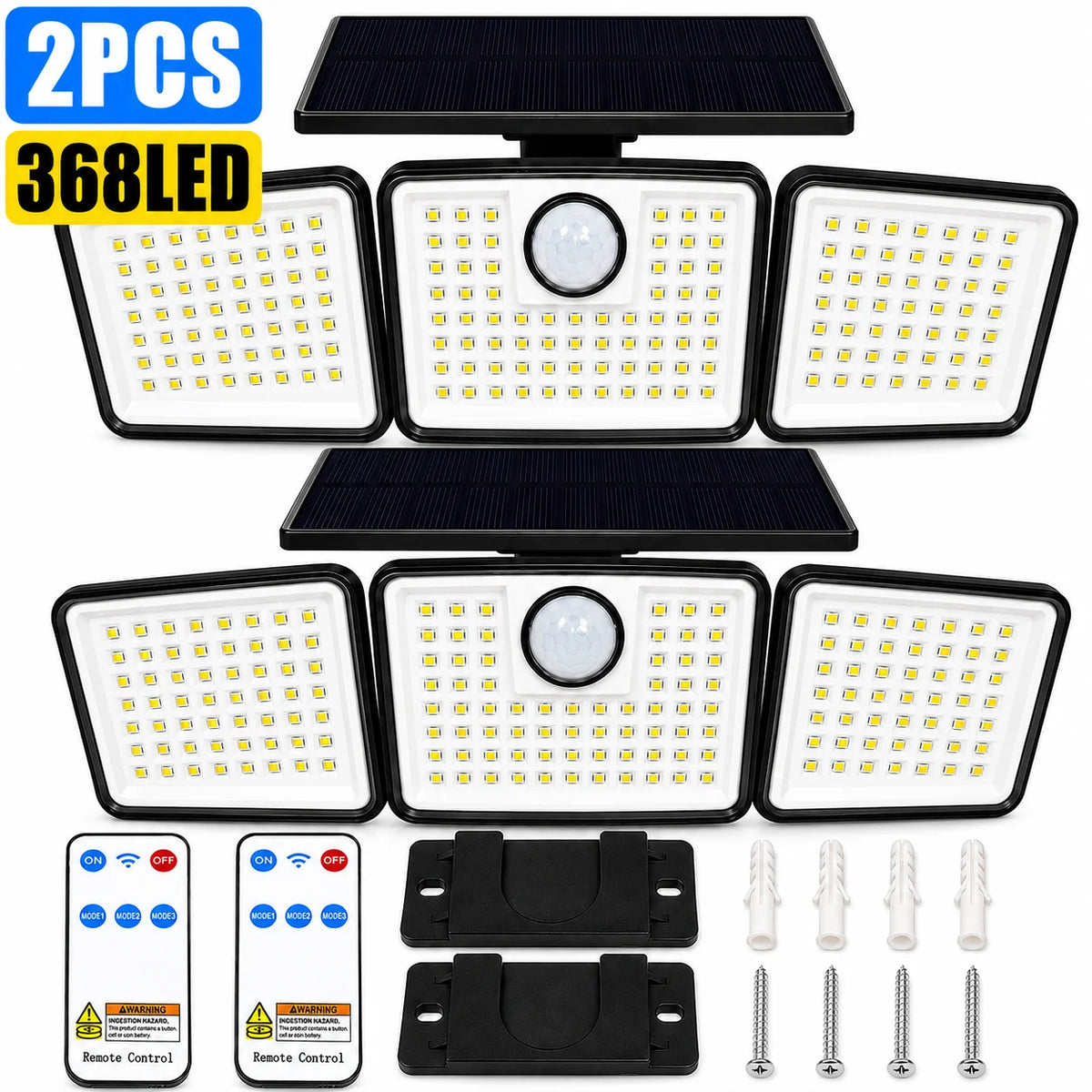 368 LED Triple-Head Solar Motion Sensor Outdoor Floodlight - Remote Control Waterproof Wall Lamp for Garage, Patio & Garden