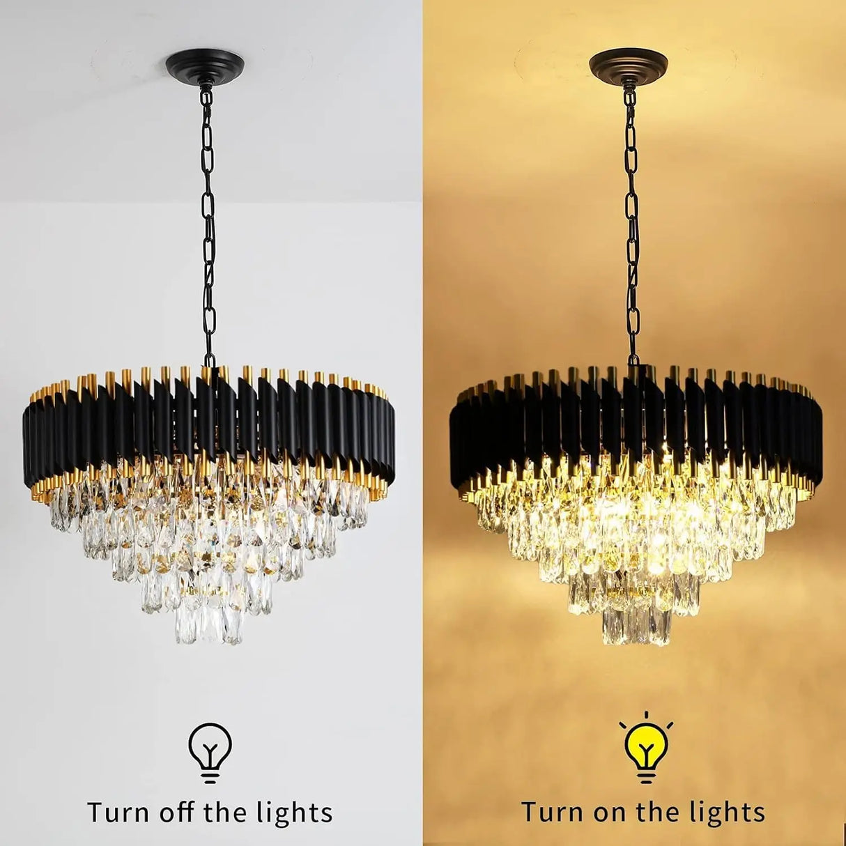 Modern Black & Gold Crystal Chandelier, Dimmable 5-Tier Round K9 Crystal Chandelier for Kitchen Island/Living Room/Bedroom