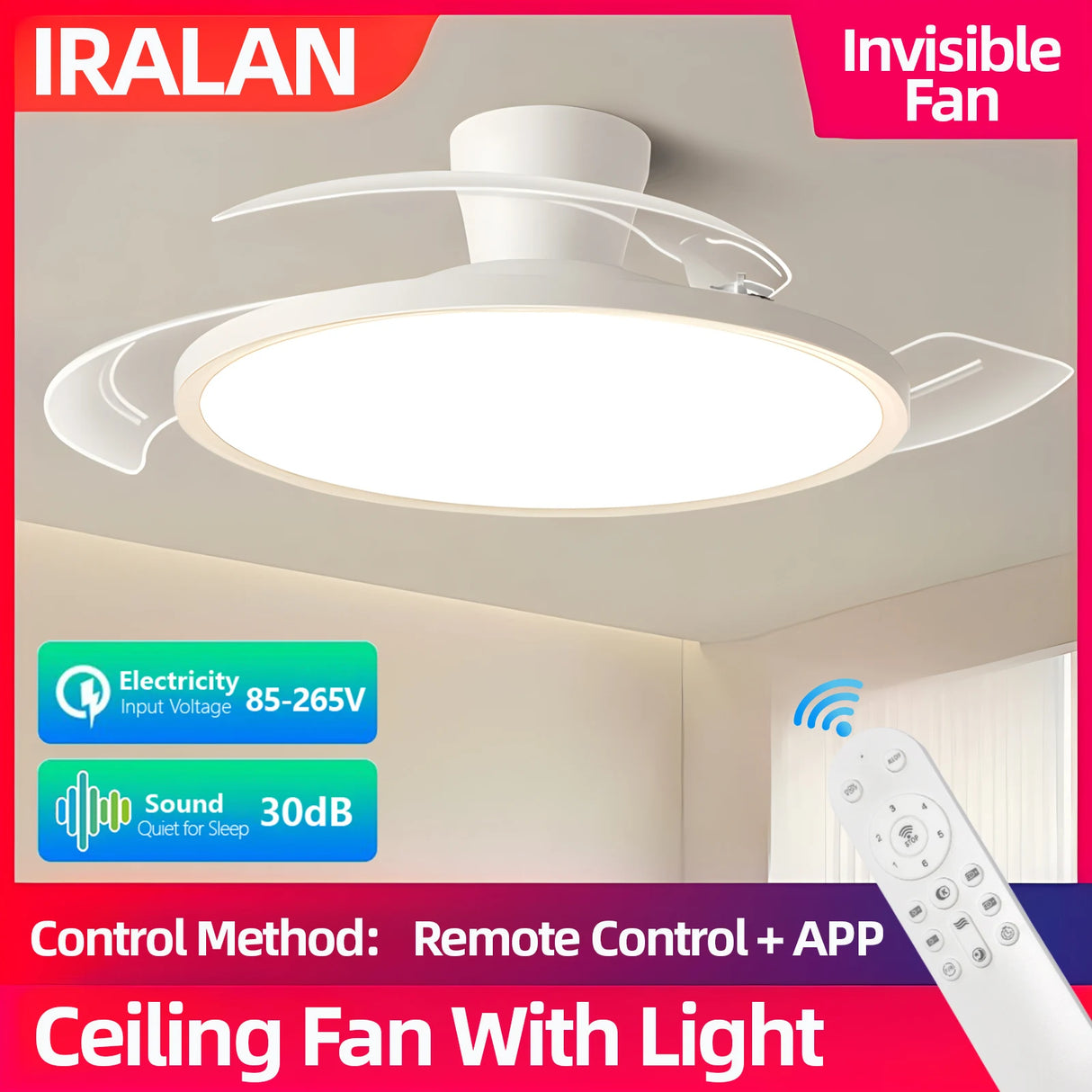 Modern Invisible Ceiling Fan with LED Light - DC Motor & Remote