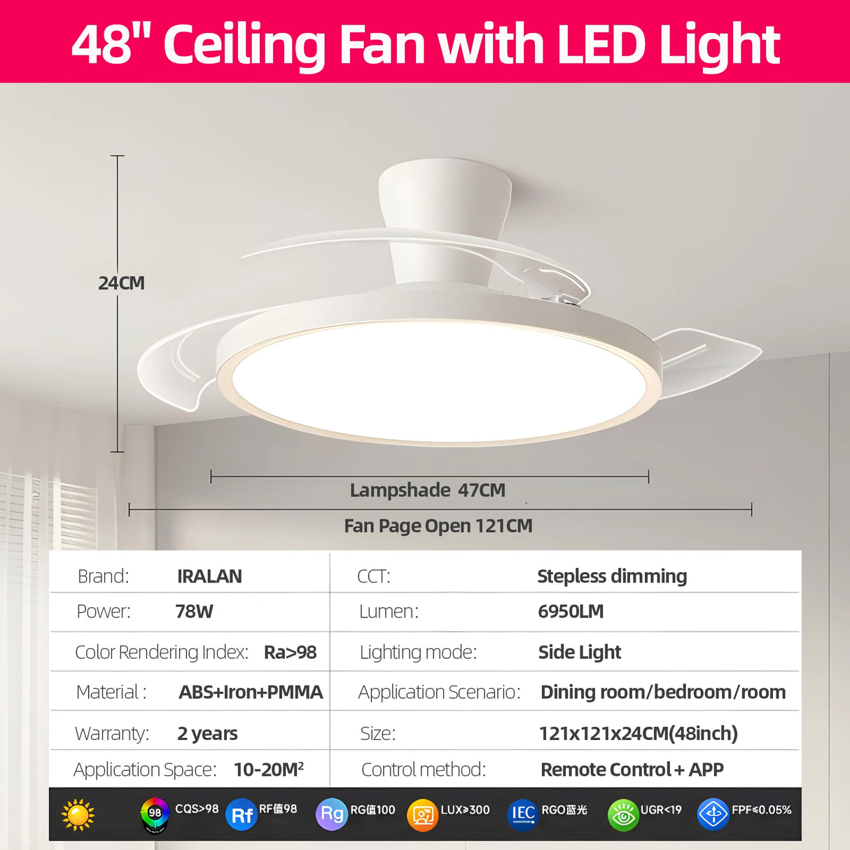 Modern Invisible Ceiling Fan with LED Light - DC Motor & Remote