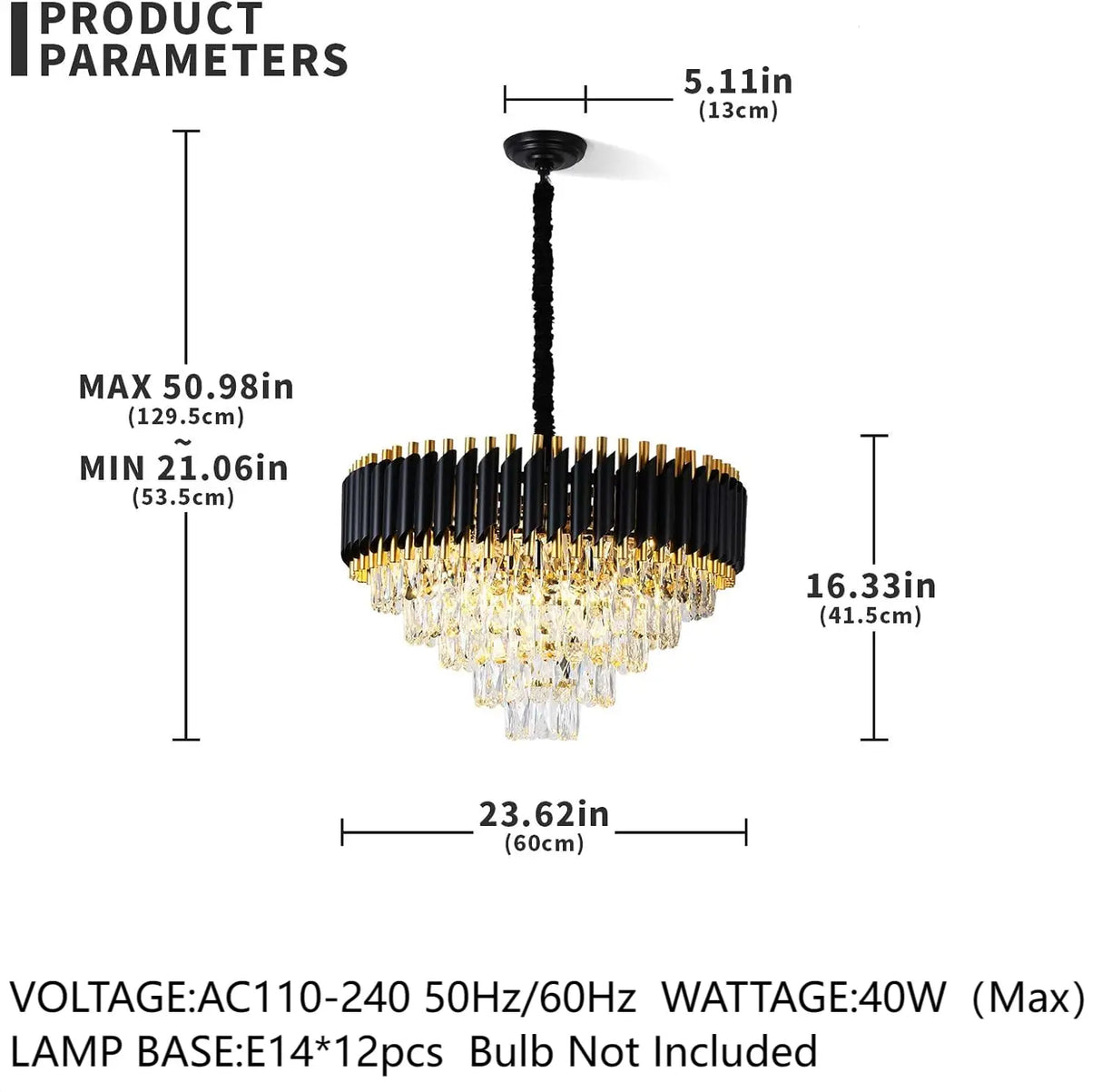Modern Black & Gold Crystal Chandelier, Dimmable 5-Tier Round K9 Crystal Chandelier for Kitchen Island/Living Room/Bedroom
