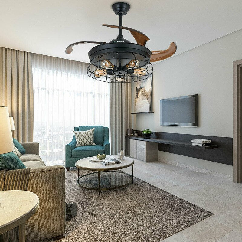 Round LED Ceiling Fan Light Vintage Chandelier Pedant Lamp W/ Remote for Living Dining Room Bedroom