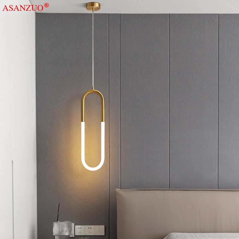 Brass Nordic bedside Long-line hanging lamp Modern creative U-shaped tube 360 degree LED pendant lights
