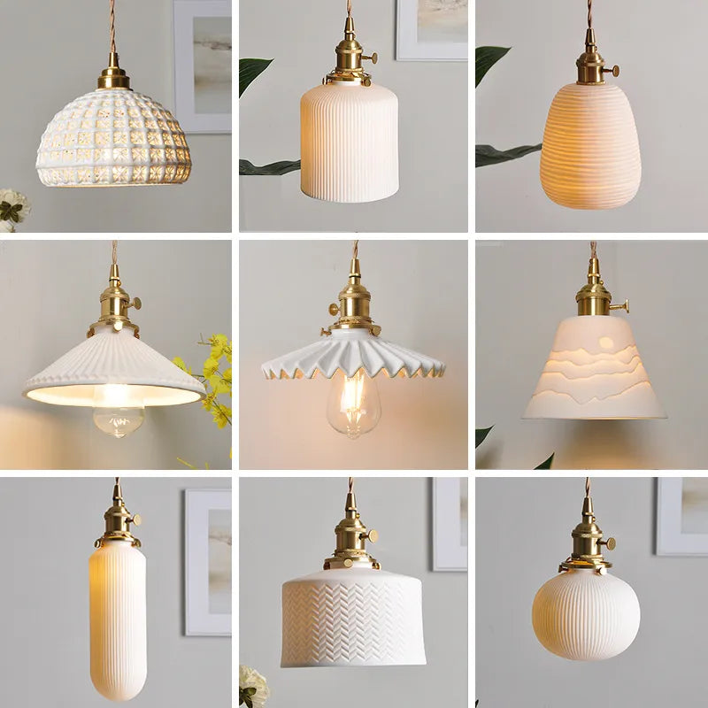 Nordic White Ceramic LED Pendant Lights Fixtures Knob Switch For Bedroom Dinning Living Room Modern Copper Hanging Lamp
