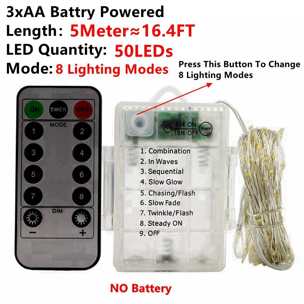 Remote Control Fairy Lights Copper Wire Timer LED String Lights Garland Christmas Decoration Lights USB Battery Powered 5/10/20M