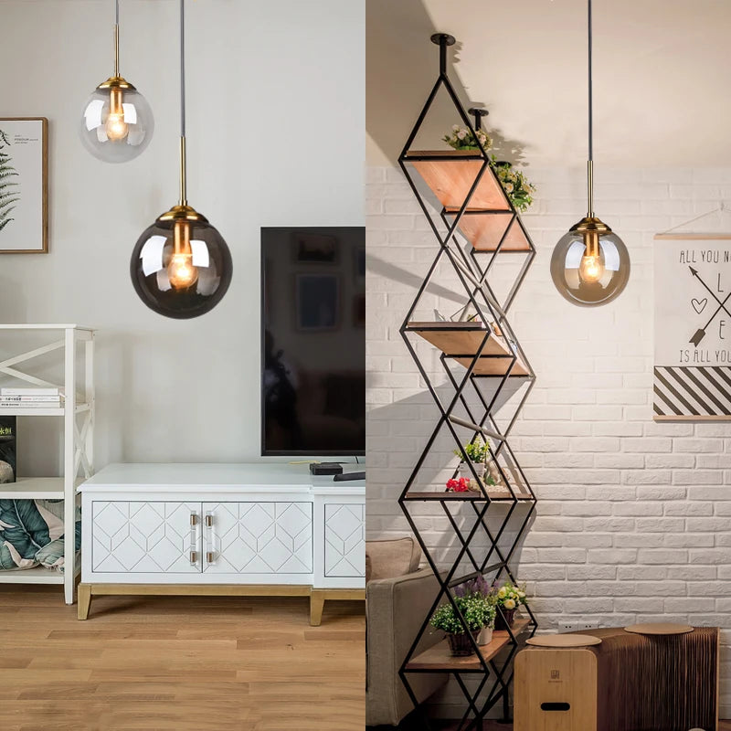 Amber Smoke Gray Clear Glass Pendant Lamp LED Hanging Light for Dining Room Table Kicthen Island Bedroom Bedside Lighting