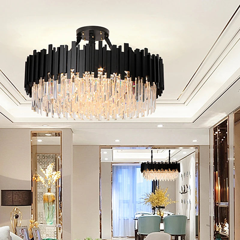 FKL Modern Crystal Black Chandelier For Living room Bedroom Oval Long Dining room Lamp Industrial Style Black Crystal Chandelier