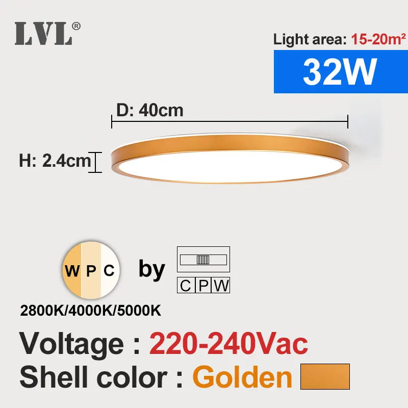 Modern LED Ceiling Light - Wood Grain & Gold 3-Color Home Lighting