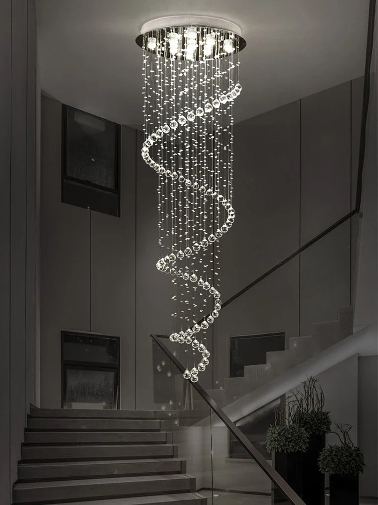 Large LED Spiral Chandelier Modern K9 Crystal Lighting Fixture for Stair Bedroom Hotel Living Room Showcase