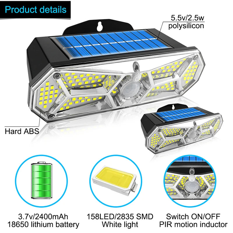 Solar Lights Outdoor Motion Sensor 158LEDs IP65 Waterproof Super Bright Solar Wireless Wall Lamp with 3Modes and 8Wide Angle