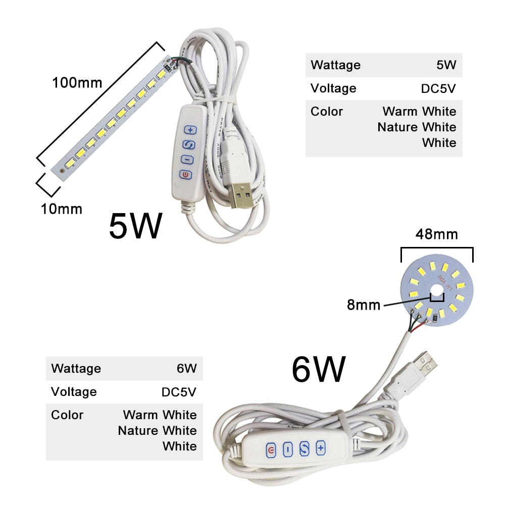DC5V Dimmable LED chip 5W 6W 10W Surface Light Source SMD 5730 LED Light Beads DIY Tricolor Adjustable LED Bulb White Warm White