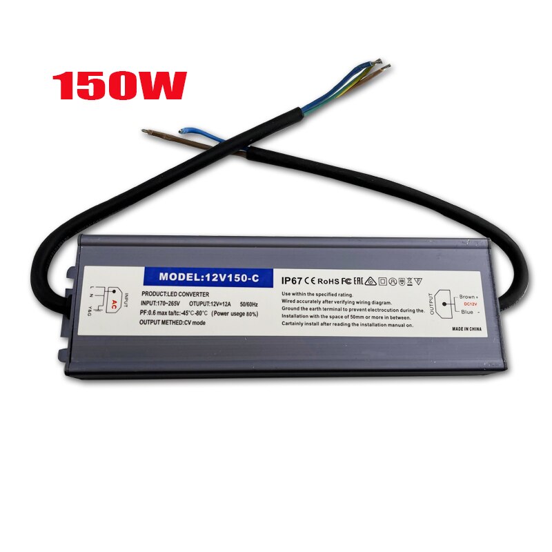 Waterproof IP67 LED Driver Ac DC 12V/24V 10W 15W 20W 25W 30W 36W 45W 50W 60W 80W 100W 120W 150W Power Supply for LED Strip Light