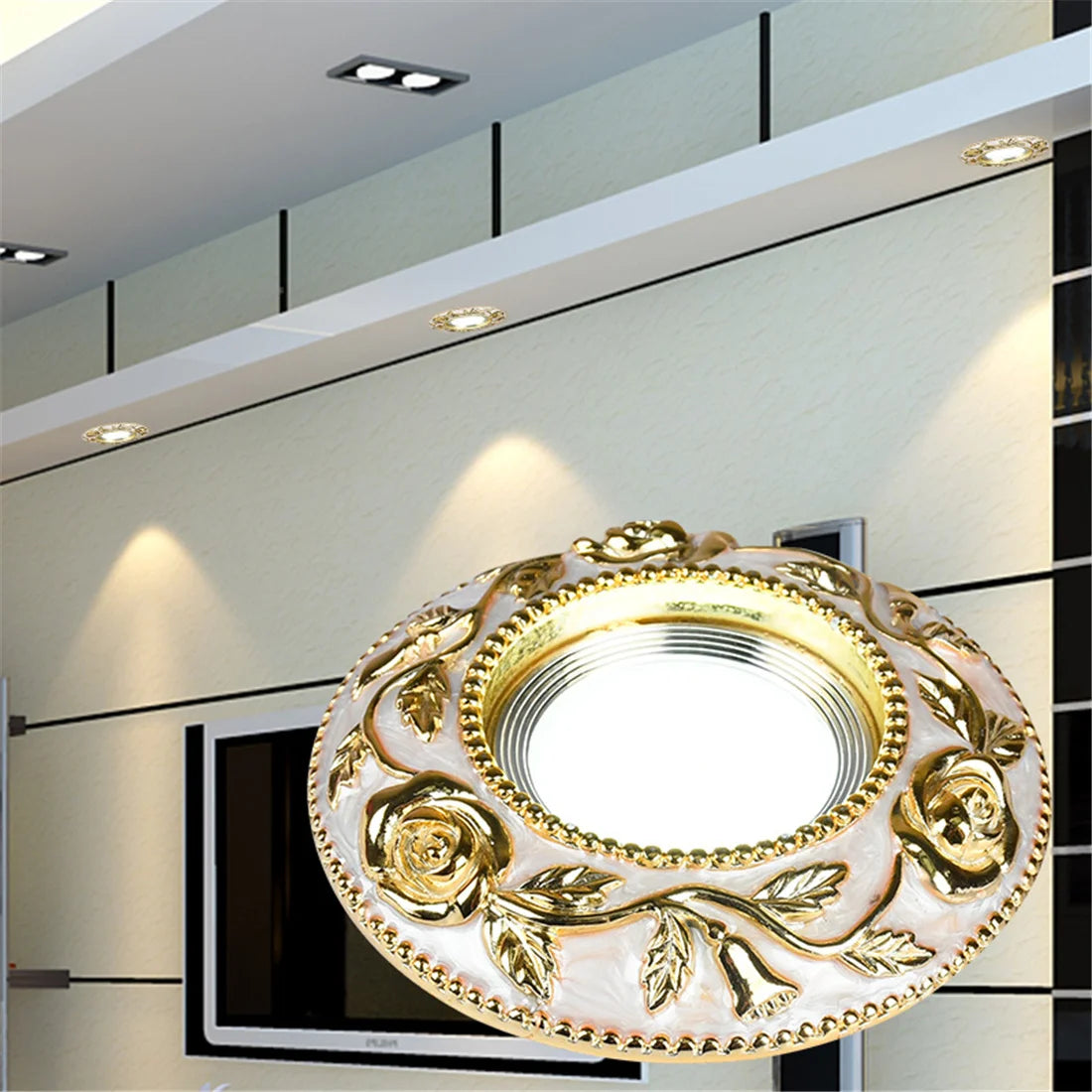 European Style Golden Rose Pattern Resin Led Embedded Downlight Living Room Restaurant Corridor Loft 5W 7W Recessed Spot Lamp
