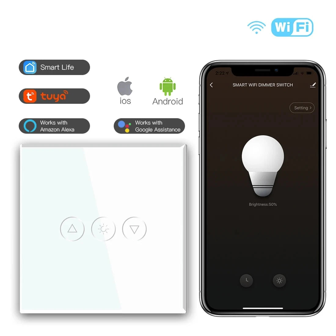 Single Smart Wifi Dimmer Switches 1Gang Wifi Control Dimmable Led Light Glass Panel Support Tuya Google Smart Life App
