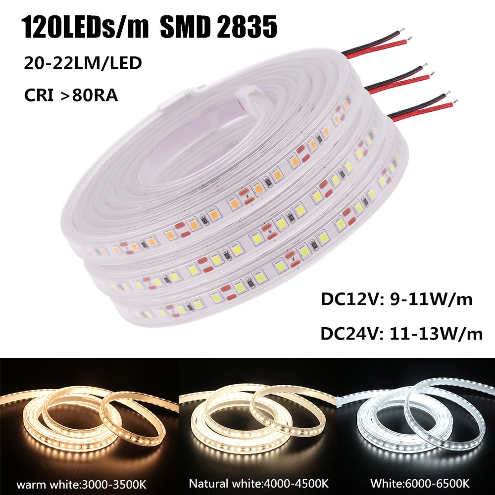 DC 12V/24V LED Strip Waterproof IP67 120LEDs/m Natural White 4000K /Warm White Flexible Tape 2835 LED Light Lamp 0.5m-10m