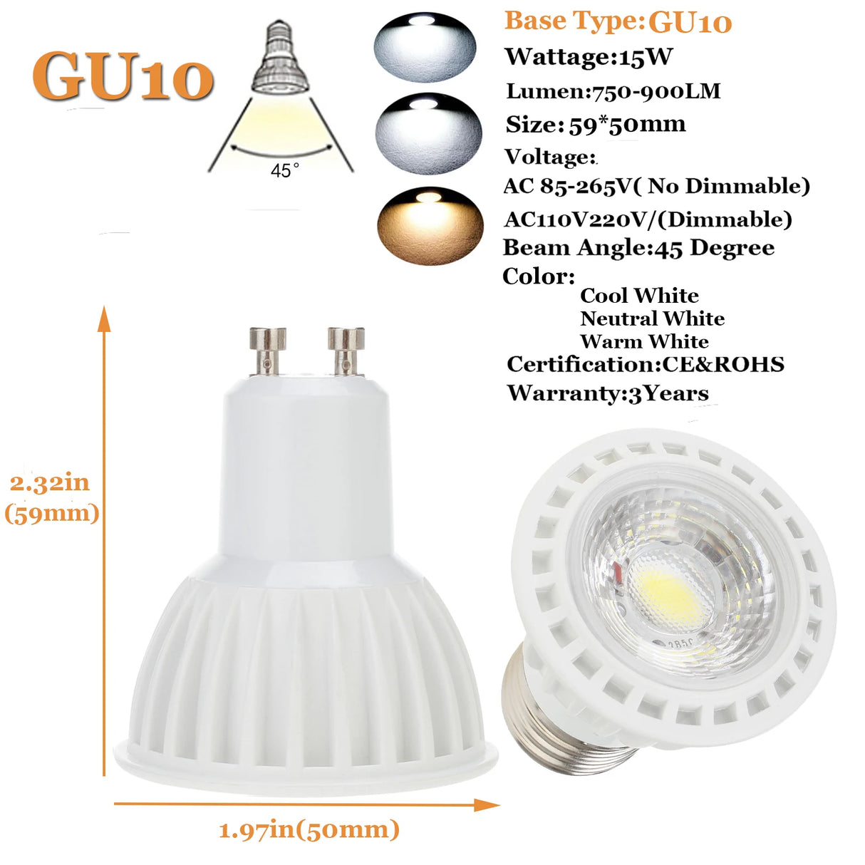 10pcs 5W COB Light Bulbs 45 Beam Angle 110V 220V Dimmable E26 E27 GU10 LED Spotlight for Home Office Table Lamp Downl