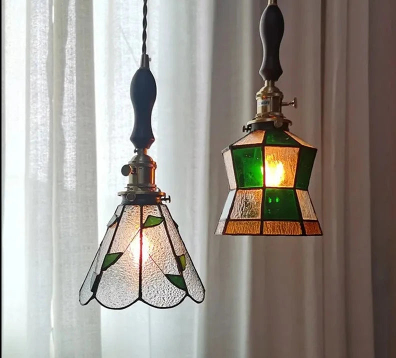 Retro Pastoral Pendant Lamp Stained Glass Hanging Lamp Nordic Bedside Bedroom Bar Restaurant Personalized Decorative Chandelier