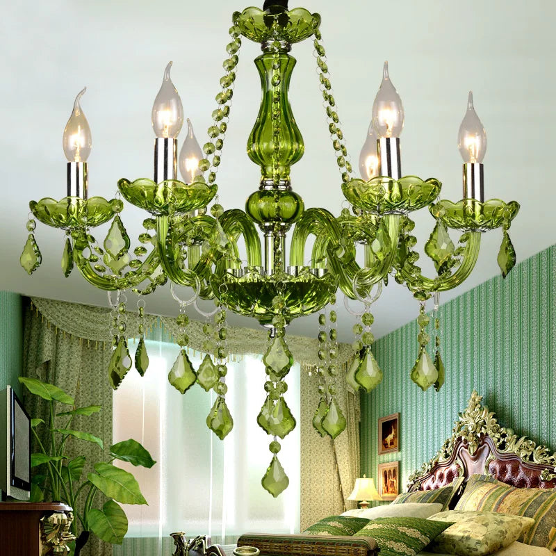 Luxury Green Crystal Chandelier - Vintage E14 Candle Pendant Light