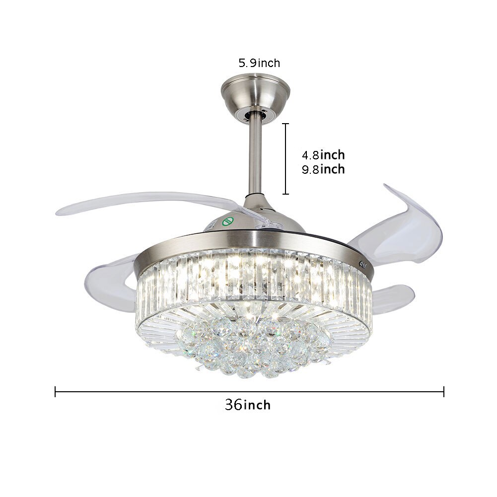 Retractable LED Ceiling Fan Light Crystal Fan Dimmable Pendant Light with Remote Control
