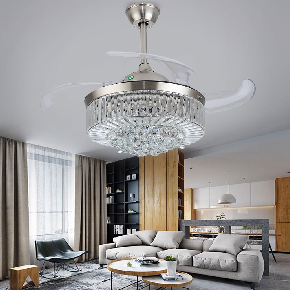 Retractable LED Ceiling Fan Light Crystal Fan Dimmable Pendant Light with Remote Control