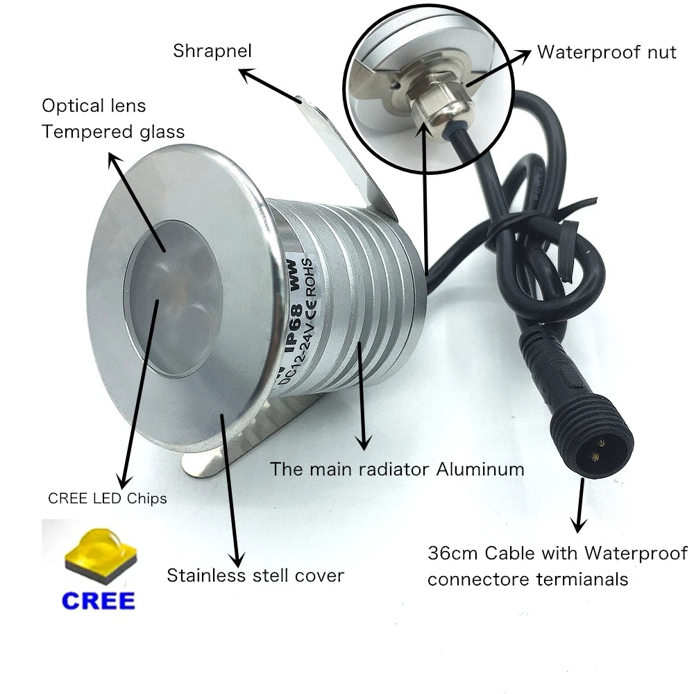 IP68 Waterproof 3W LED Underwater Light - 12V Submersible Spot Lamp