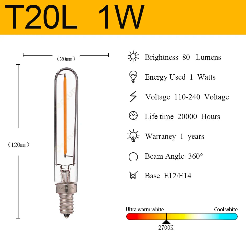 Vintage T20 T6 Tubular LED Filament Bulb - 1W 2W E12 E14 Dimmable Retro Light