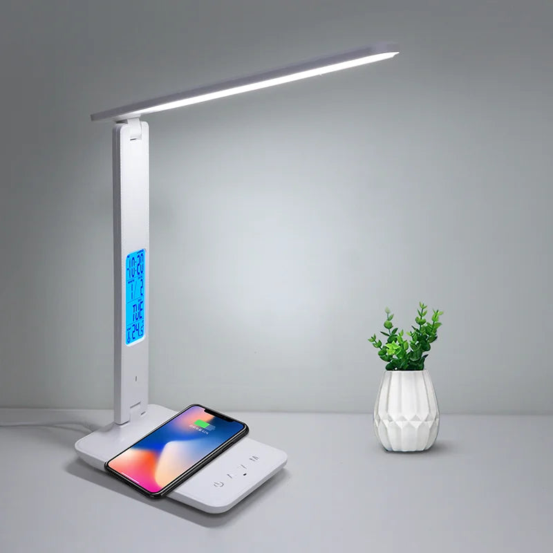 10W QI Wireless Charging LED Desk Lamp With Calendar Temperature Alarm Clock Eye Protect Study Business Light Table Lamp