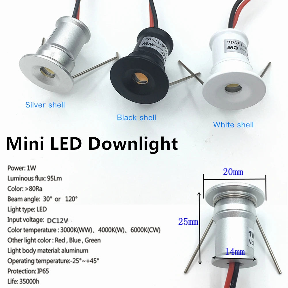 Mini LED Spotlight 1W IP65 Recessed Downlight Indoor 12V Dimmable Spot Light Ceiling Lamp Showcase Display Staircase Lighting