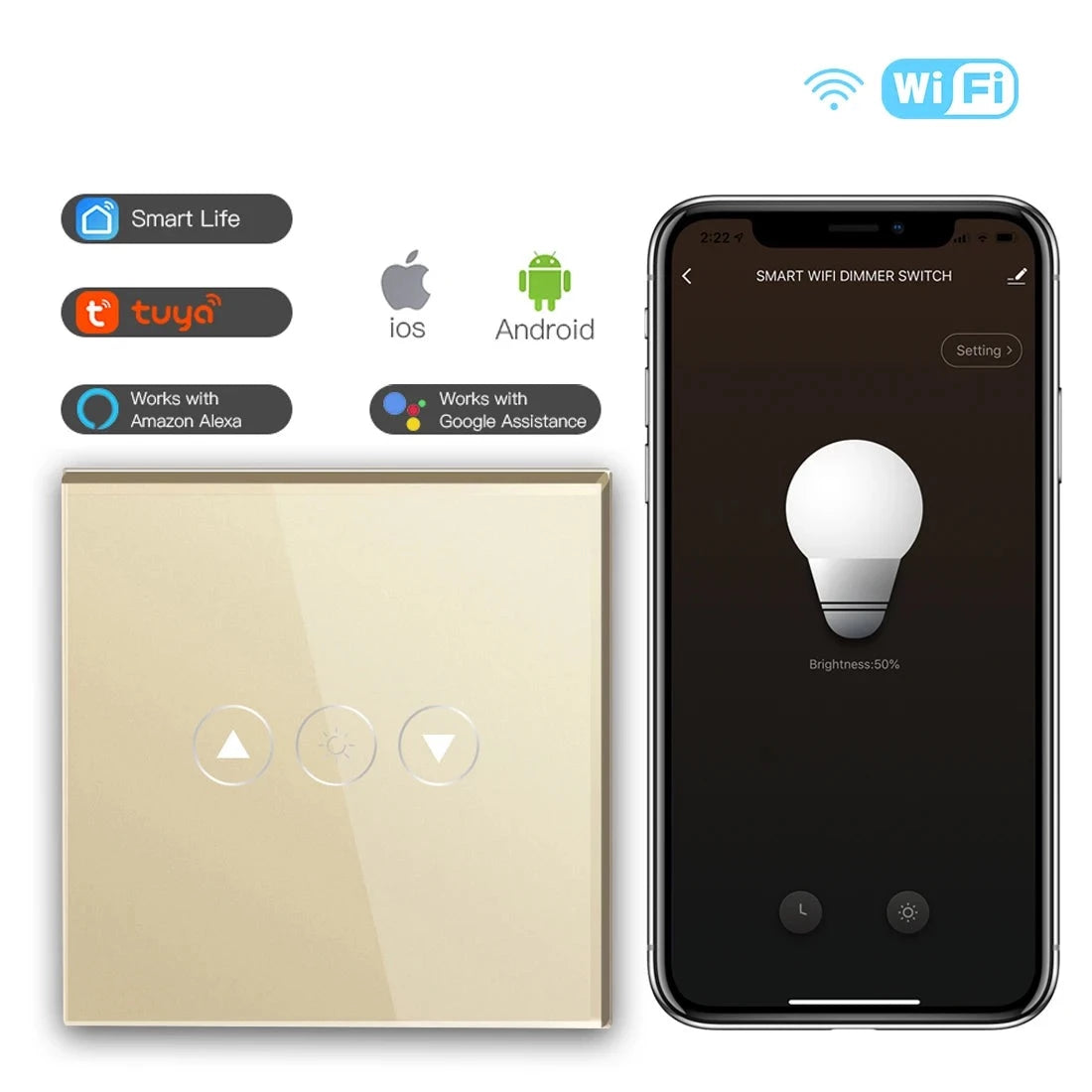 LED EU Touch Wifi Light Dimmer 1 Gang Smart Wireless Wifi Dimmer White Black Golden Colors For Smart Home