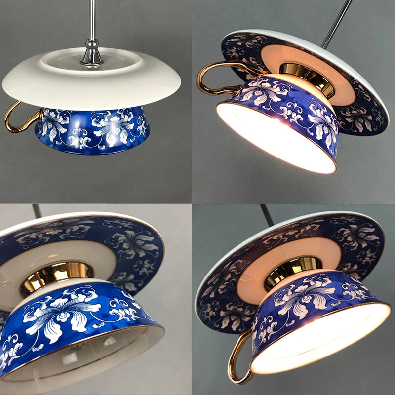 Chinese Style Blue Flower Cup Pendant Lights Dining Room Hanging Lamp Kitchen Indoor Lighting Fixtures Home Decors Loft Luminaire