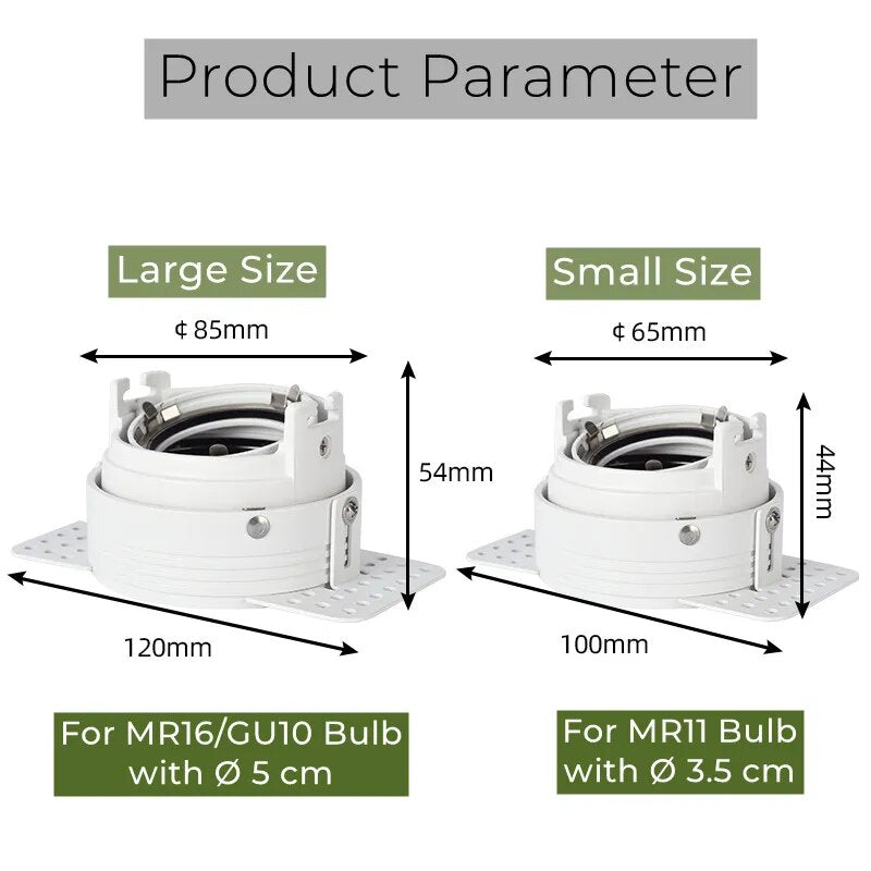 Frameless Recessed LED Ceiling Downlight Adjustable Mount Frame Socket GU10/MR16/MR11 Bulb Holder Spot Lighting Fitting Fixture