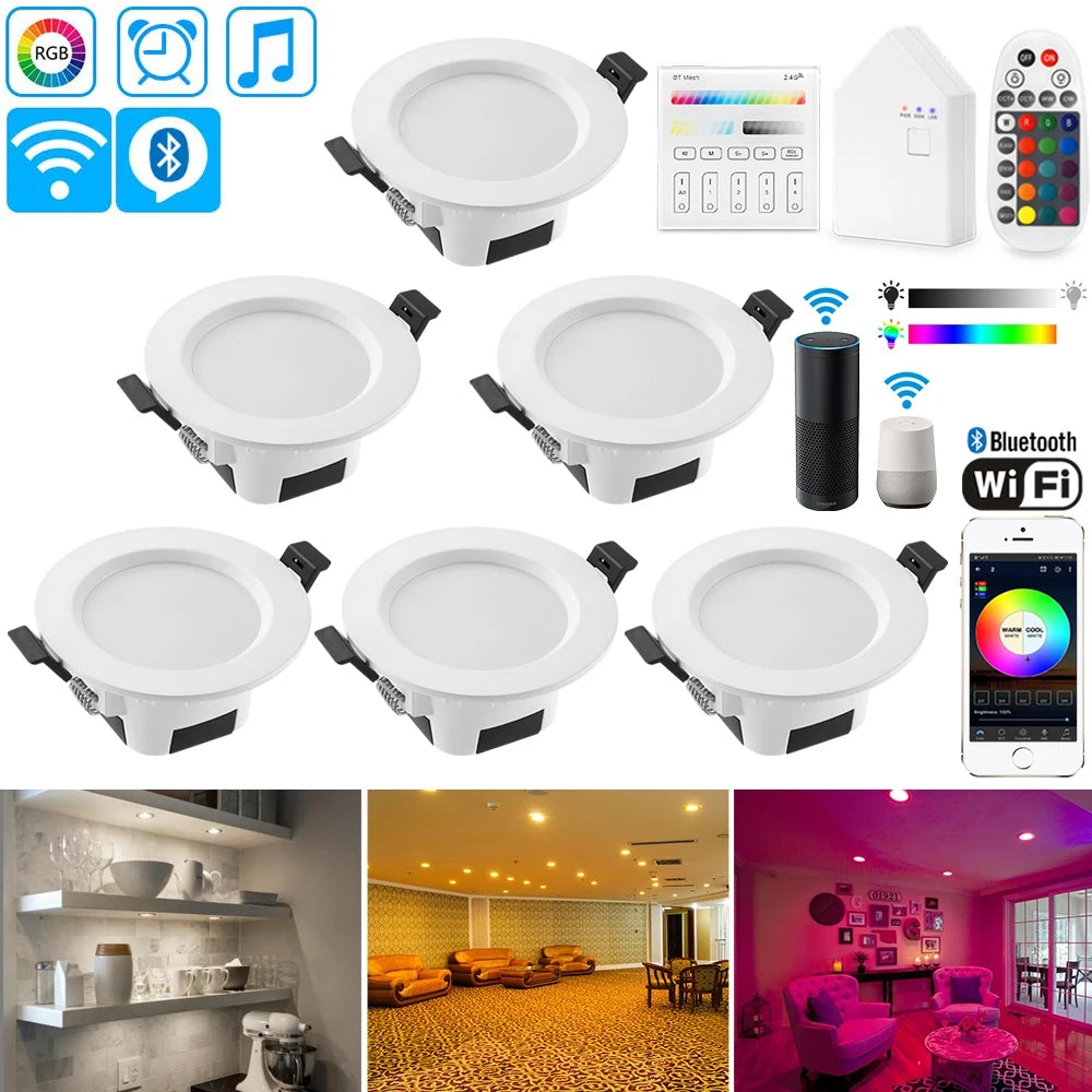 6X 9W RGB+WW+CW 3in1 Smart LED Ceiling Lamp Down Light WIFI/Bluetooth Spotlights Wall Touch/APP/Music Controller Timer Dimmer
