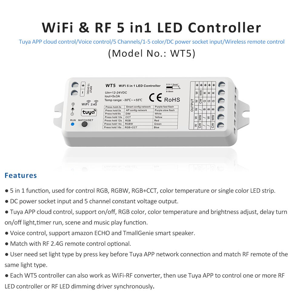 LED Controller 12v 24v 5 in 1 Dimmer RGB CCT RGBW RGBWW RGBCCT Strip Light Smart Life Wifi 2.4G RF Wireless Remote WT5