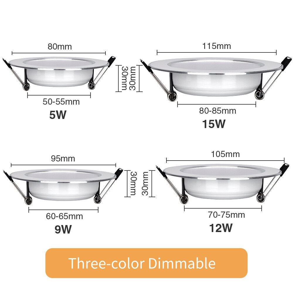 10PCS LED Downlight Recessed Ceiling Lamp 5W 9W 12W 15W Three-color dimmable/Cold white/Warm white led Spotlight AC 220V