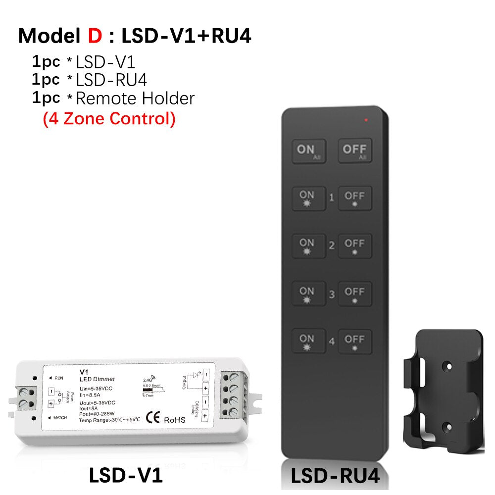 LED Dimmer Switch PWM Wireless RF 2.4G 4-Zone Touch Remote Smart Home Wifi Relay DC12V 24V Controller for Single Color LED Strip