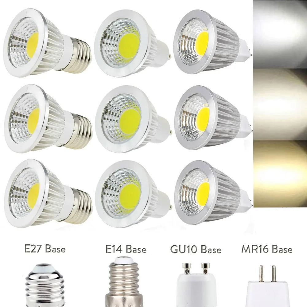 Dimmable High-Power COB LED Spotlight Bulb (6W/9W/12W) - GU10 E27 E14 MR16 Base Lamp (AC/DC 12V, 110V, 220V)