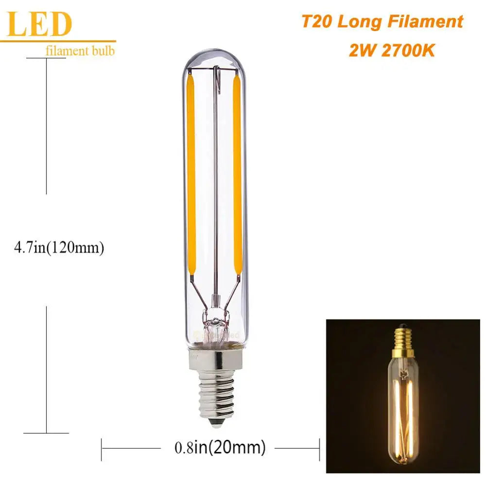 T20 Tubular LED Filament Bulbs - Dimmable E12 E14 Vintage Light Bulbs