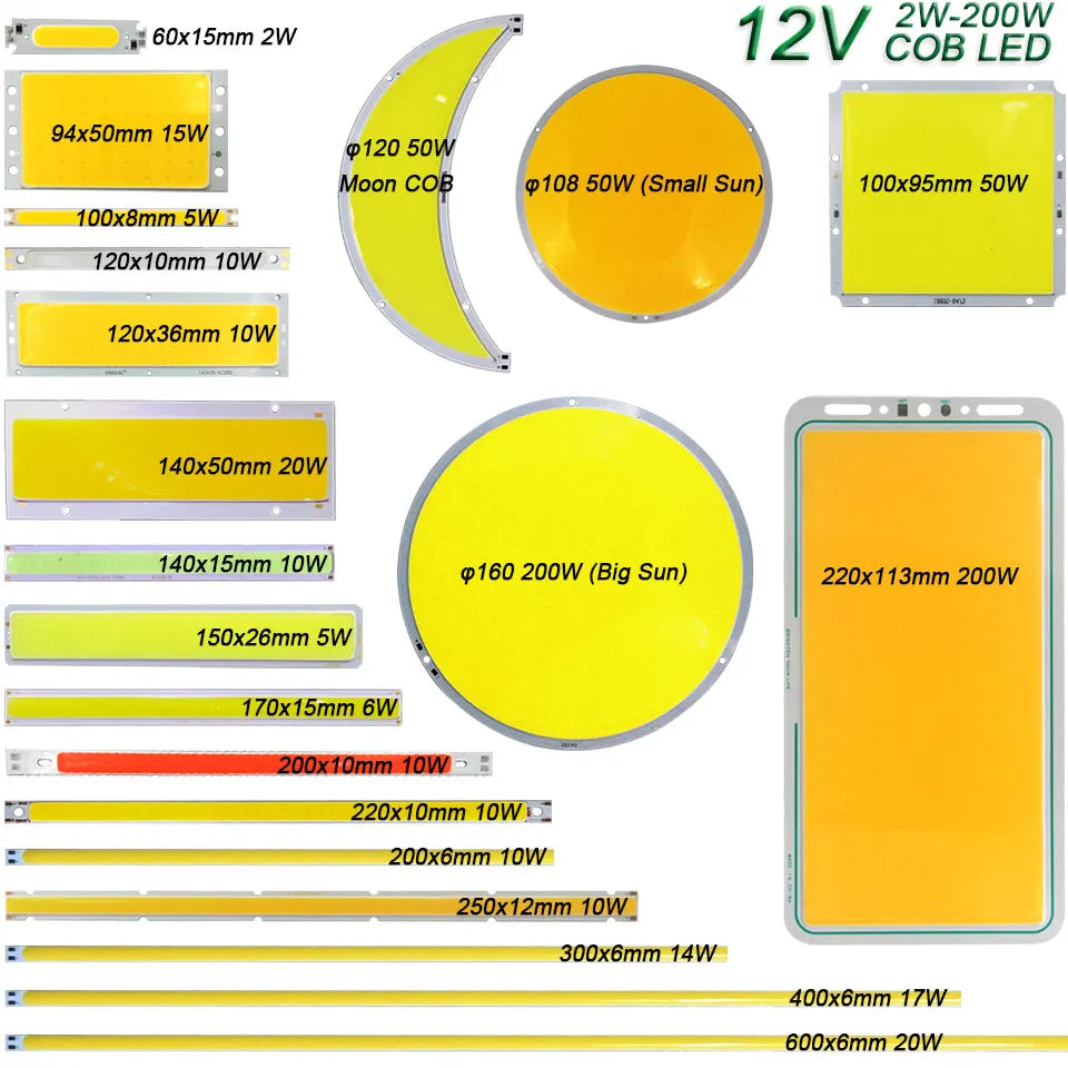 Sumbulbs 12V COB LED Light Source (2W–200W) - Round & Strip COB Lamp Chips