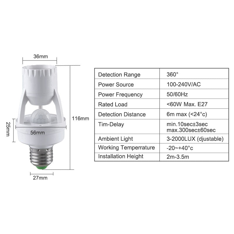 E27 Lamp Base with PIR Motion Sensor