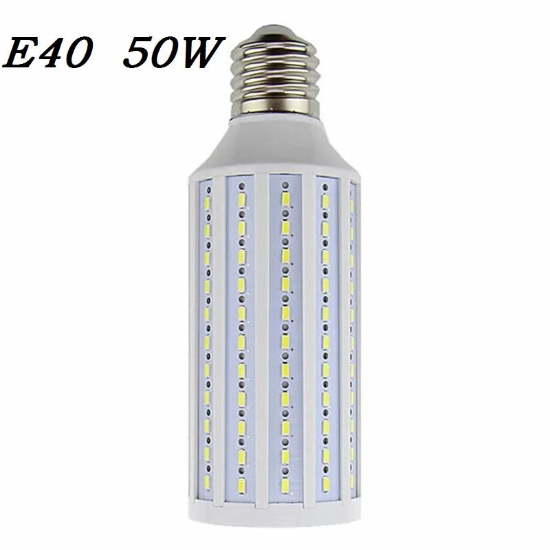LED corn bulb with E40 base and 50W rating on a white background