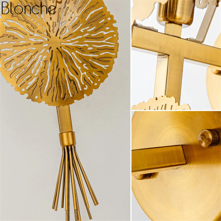 Nordic Gold Lotus Leaf Wall Lamp Led Mirror Wall Sconce Light for Bedroom Kitchen Stair Home Fixtures Industrial Decor Luminaire